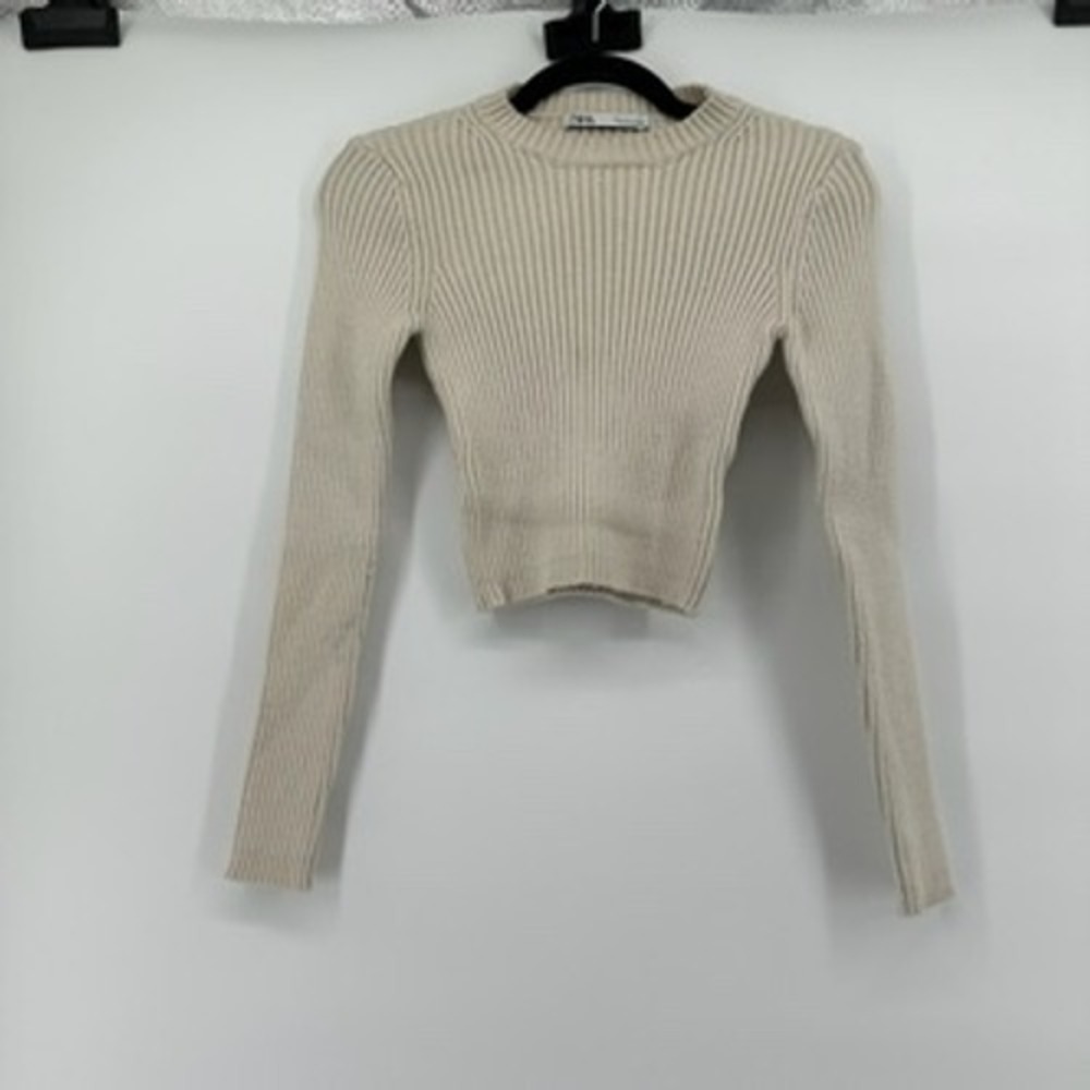 Zara Ribbed Knit Long Sleeve Top Crew Neck Slim‎ Fit Beige Womens Small - Picture 3 of 6